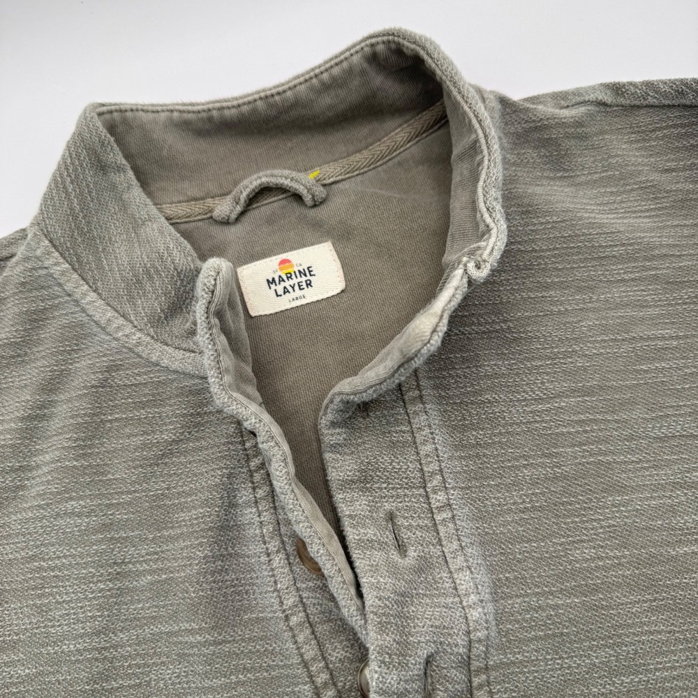 Marine Layer Men Large Olive Grey Textured Slub Knit Long Sleeve Henley Pullover